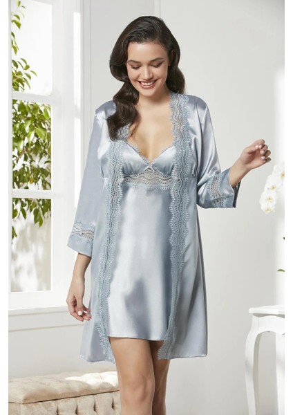 Saten Gecelik Sabahlık Pijama Takım Şort Takım 6'lı Gelin Çeyiz Seti - 6010 Mist fiyatları