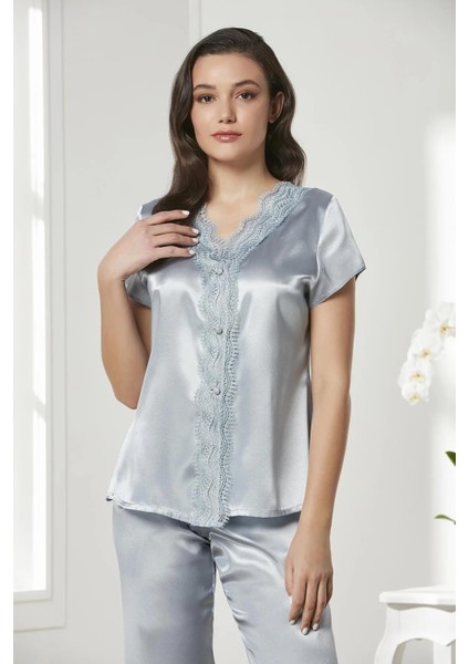 Saten Gecelik Sabahlık Pijama Takım Şort Takım 6'lı Gelin Çeyiz Seti - 6010 Mist indirimleri