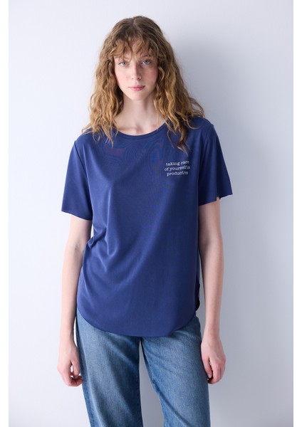 Lacivert Slogan Baskılı Loose Fit Modal Tişört
