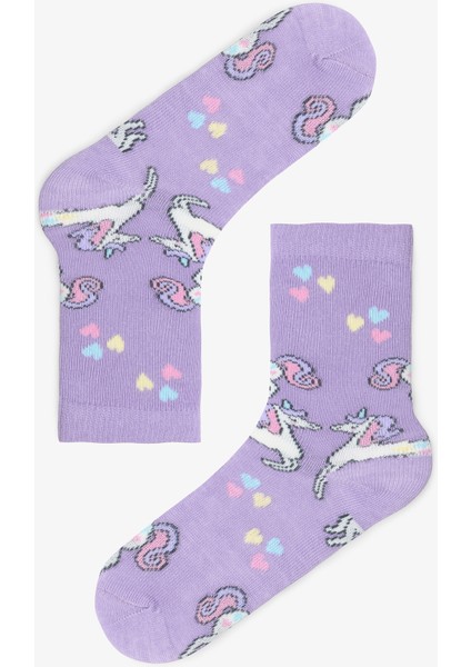 Kız Çocuk Çizgili Unicorn Desenli Pamuklu 4'lü Soket Çorap