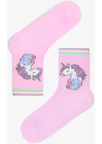 Kız Çocuk Çizgili Unicorn Desenli Pamuklu 4'lü Soket Çorap