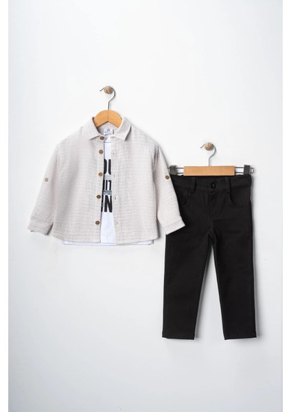 Erkek Çocuk Kolu Ayarlanabilir Gömlekli Pantolonlu Baskılı Tişörtlü Üçlü Spor Takım