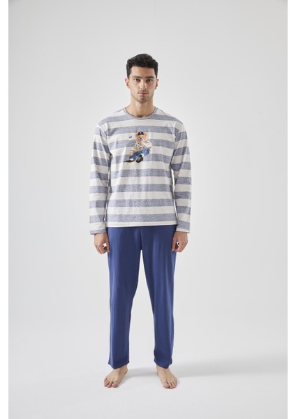 Erkek Pamuklu Uzun Kollu Üst Ayıcık Baskılı Pijama Takımı modelleri