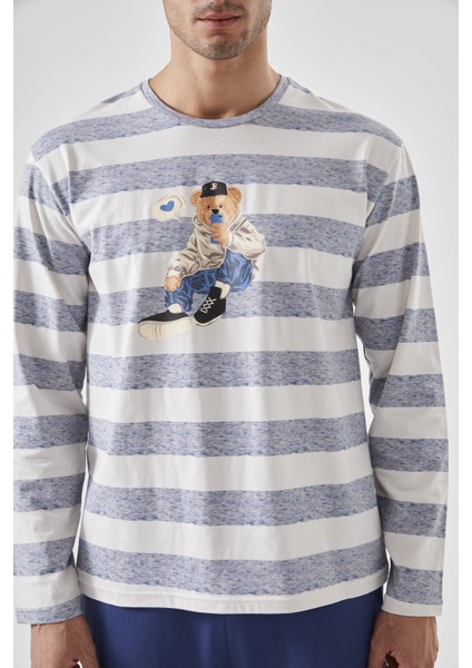 Erkek Pamuklu Uzun Kollu Üst Ayıcık Baskılı Pijama Takımı fırsatları