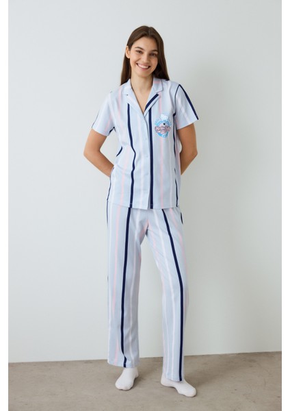 Açık Mavi Sanrio Pamuklu Çizgili Gömlek Yaka Kısa Kollu Pijama Takımı