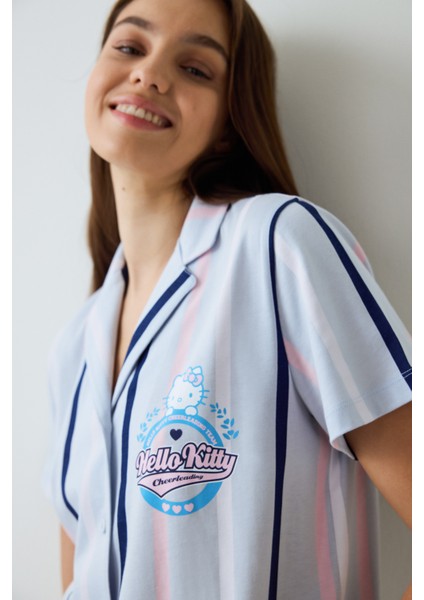 Açık Mavi Sanrio Pamuklu Çizgili Gömlek Yaka Kısa Kollu Pijama Takımı