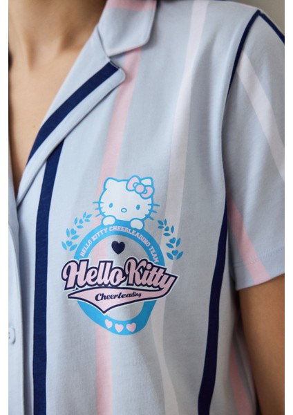Açık Mavi Sanrio Pamuklu Çizgili Gömlek Yaka Kısa Kollu Pijama Takımı