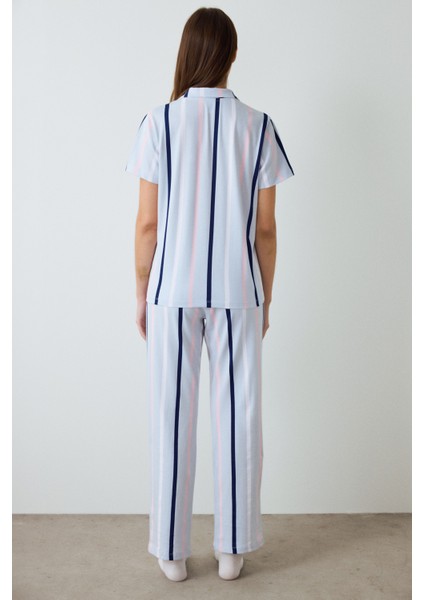 Açık Mavi Sanrio Pamuklu Çizgili Gömlek Yaka Kısa Kollu Pijama Takımı