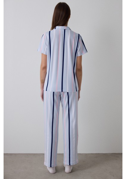 Açık Mavi Sanrio Pamuklu Çizgili Gömlek Yaka Kısa Kollu Pijama Takımı