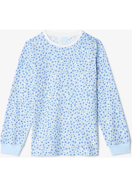 Kırık Beyaz Kız Çocuk Çıtır Çiçek Desenli Uzun Kollu Pamuklu 2'li Pijama Takımı