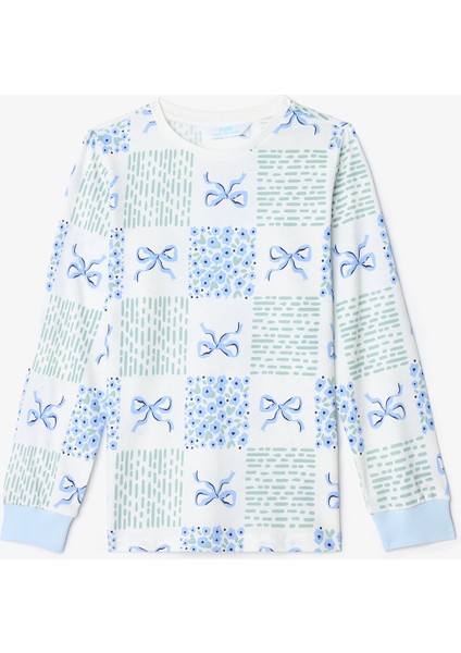 Kırık Beyaz Kız Çocuk Çıtır Çiçek Desenli Uzun Kollu Pamuklu 2'li Pijama Takımı