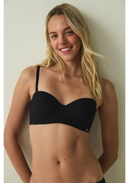 Siyah Essentials Lotus Balenli Dolgusuz Straplez Toparlayıcı Sütyen