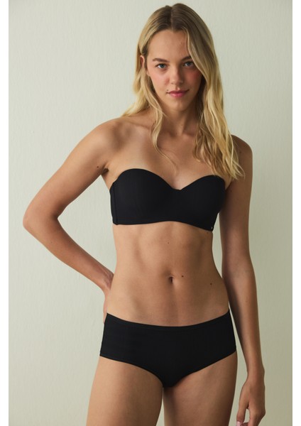 Siyah Essentials Lotus Balenli Dolgusuz Straplez Toparlayıcı Sütyen