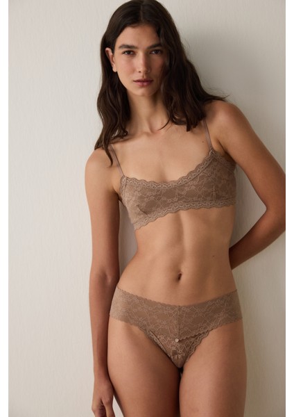 Açık Kahverengi Dantelli Balensiz Dolgusuz Üçgen Sütyen