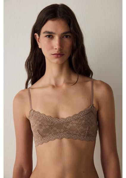 Açık Kahverengi Dantelli Balensiz Dolgusuz Üçgen Sütyen