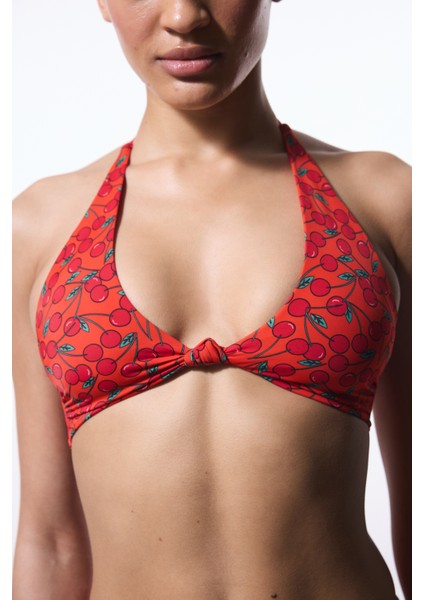 Chery Minimal Kesim Kiraz Desenli Bikini Üstü