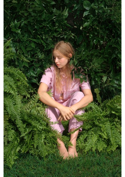 Lila Slogan Baskılı Gömlek Yakalı Pamuklu Kısa Kollu Şortlu Pijama Takımı - Inspired by Flora