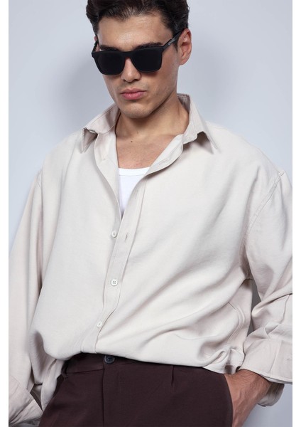 Erkek Oversize Uzun Kollu Basic Gömlek Bej