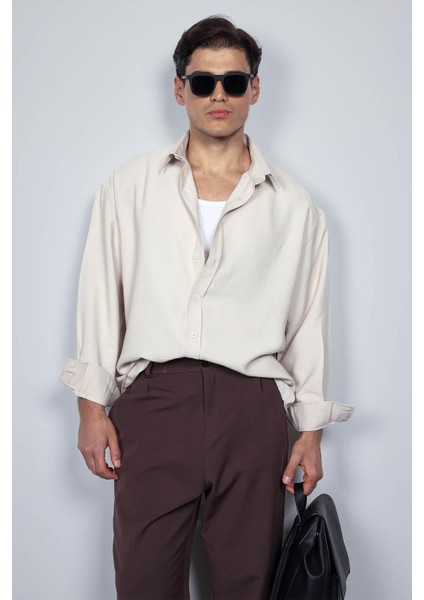 Erkek Oversize Uzun Kollu Basic Gömlek Bej fırsatları