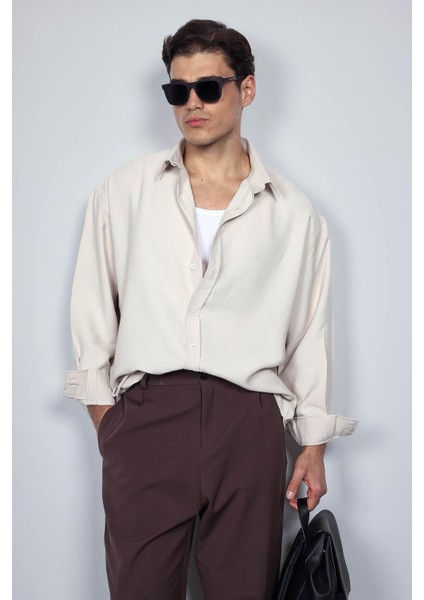Erkek Oversize Uzun Kollu Basic Gömlek Bej indirimleri