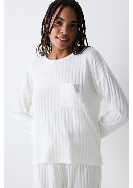 Warm Hearts Rib Kırık Beyaz Sweatshirt Pijama Üstü