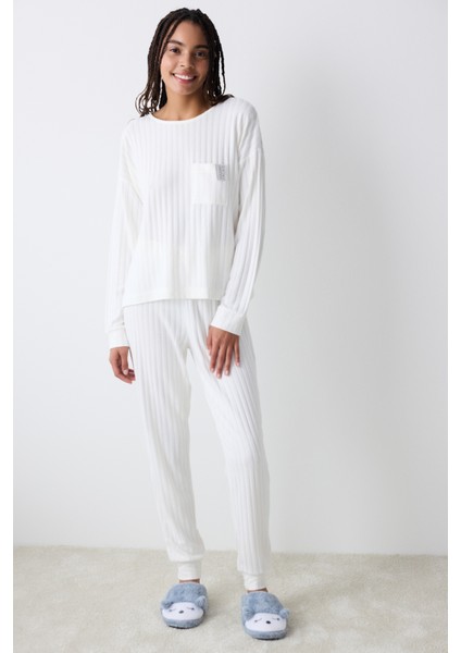 Warm Hearts Rib Kırık Beyaz Sweatshirt Pijama Üstü