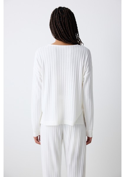 Warm Hearts Rib Kırık Beyaz Sweatshirt Pijama Üstü