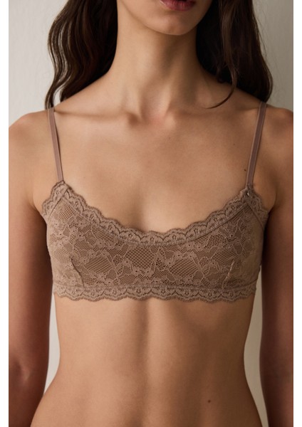 Açık Kahverengi Dantelli Balensiz Dolgusuz Üçgen Sütyen