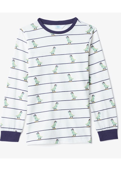 Erkek Çocuk Dino Farm Çizgili Pamuklu Uzun Kollu 2'li Pijama Takımı