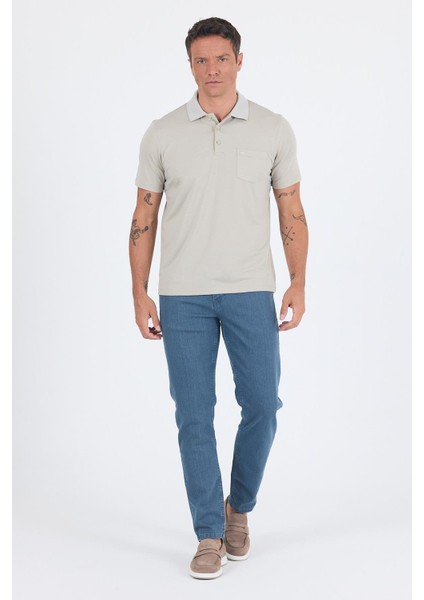 Açık Bej Kısa Kol Polo Yaka Cepli Classic Standart Beden Tişört 1011250173