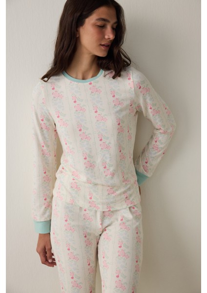 Gardenya Cute Flowers Termal Etkisi Bisiklet Yaka Uzun Kollu Pijama Üstü