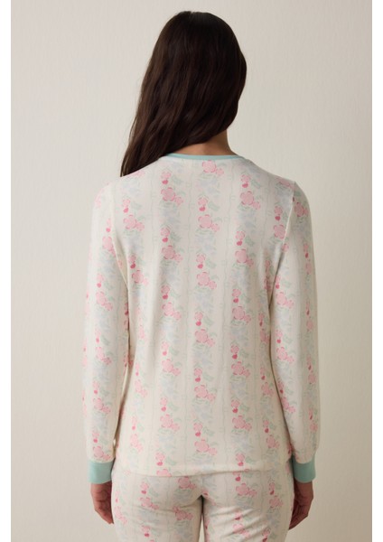 Gardenya Cute Flowers Termal Etkisi Bisiklet Yaka Uzun Kollu Pijama Üstü