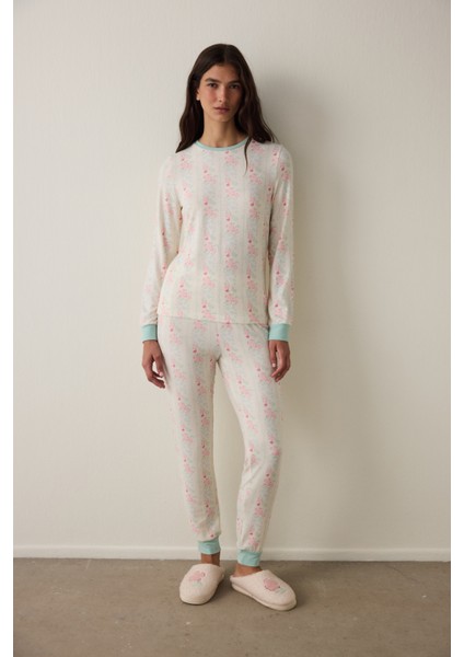 Gardenya Cute Flowers Termal Etkisi Bisiklet Yaka Uzun Kollu Pijama Üstü