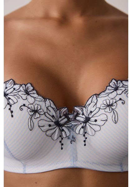 Çizgili Lotus Işlemeli Balenli Toparlayıcı Straplez Sütyen