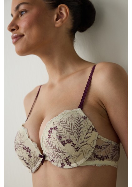 Bej Wow Çiçekli Dantelli Push Up Sütyen