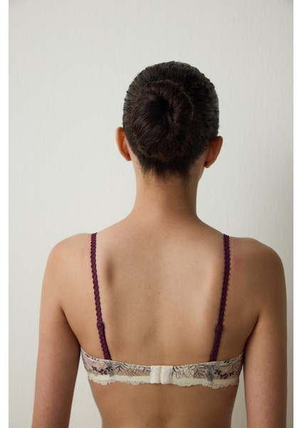 Bej Wow Çiçekli Dantelli Push Up Sütyen