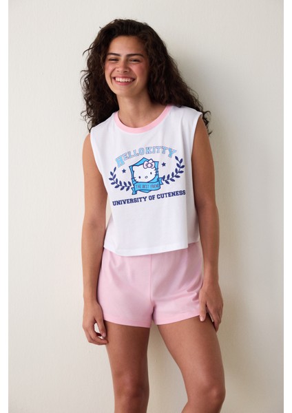 Optik Beyaz Sanrio Best Friends Baskılı Pamuklu Askılı Şortlu Pijama Takımı