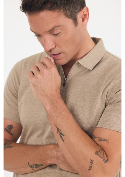 Kahverengi Kısa Kol Düz Suprem Polo Yaka Cepsiz Pamuklu Casual Slim Fit Tişört 1011250164_402