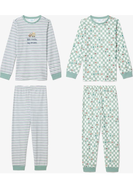 Kırık Beyaz Erkek Çocuk Little Truck Çizgili Pamuklu Uzun Kollu 2'li Pijama Takımı