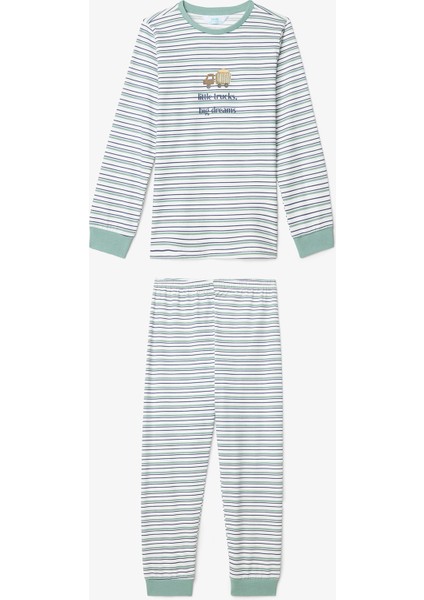 Kırık Beyaz Erkek Çocuk Little Truck Çizgili Pamuklu Uzun Kollu 2'li Pijama Takımı