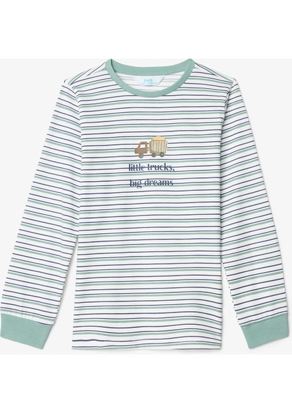 Kırık Beyaz Erkek Çocuk Little Truck Çizgili Pamuklu Uzun Kollu 2'li Pijama Takımı