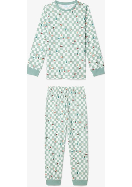 Kırık Beyaz Erkek Çocuk Little Truck Çizgili Pamuklu Uzun Kollu 2'li Pijama Takımı
