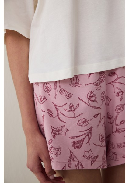 Ekru Bozkır Lalesi Çiçek Baskılı Pamuklu Bisiklet Yaka Kısa Kollu Şortlu Pijama Takımı - Inspired by Flora