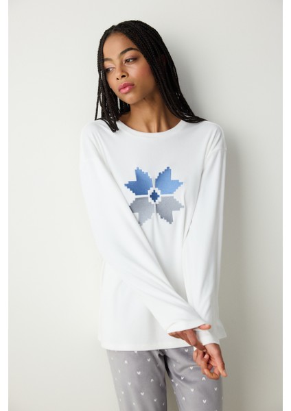 Cute Snowflake Fuzzy Kırık Beyaz Sweatshirt Pijama Üstü