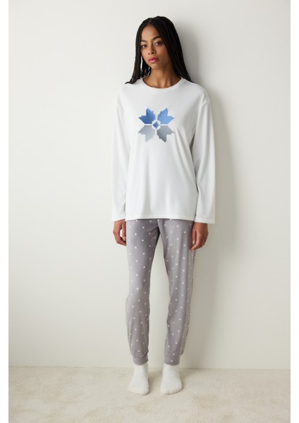 Cute Snowflake Fuzzy Kırık Beyaz Sweatshirt Pijama Üstü