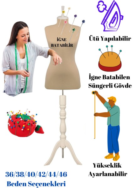 Yatay ve Dikey Iğne Batabilen Süngerli Terzi Prova Mankeni (36-38-40-42-44-46 Beden) Po-01