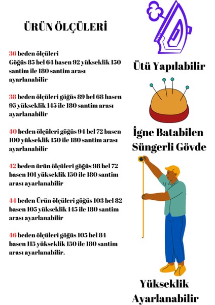 Yatay ve Dikey Iğne Batabilen Süngerli Terzi Prova Mankeni (36-38-40-42-44-46 Beden) Po-01 fiyatları