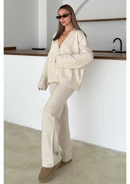 V Yaka Hırka Pantolon Triko Takım Taş 9368-TK