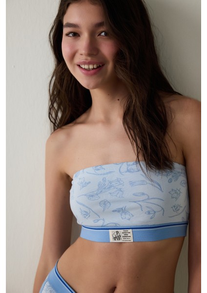 Açık Mavi Çiçek Desenli Pamuklu Balensiz Bandeau Sütyen - Inspired by Flora