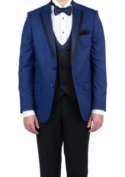Lacivert Gabardin Mono Yaka Astarlı Yelekli 6 Drop Slim Fit Dar Kesim Smokin Damatlık 1001190153